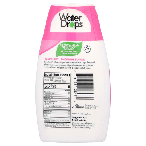 SweetLeaf Stevia, Water Drops®, вкусная стевия, усилитель воды, малиновый лимонад, 48 мл (1,62 жидк. Унции)