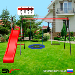 Уличные качели Sv Sport с горкой УК197В2 (3.7м/Гнездо Оксф. 100см/Деревянные/Подвесы на втулке 2к)