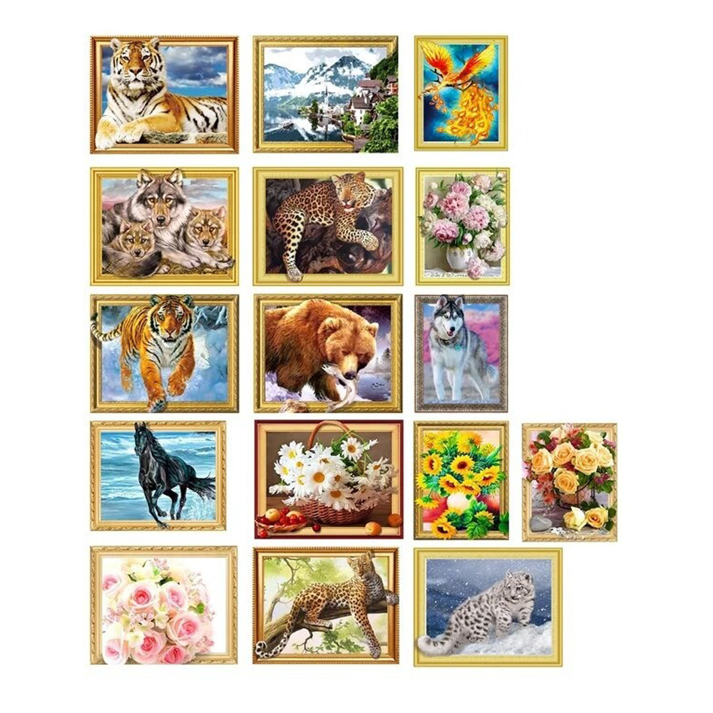 Алмазная мозаика со стилусом, лотком, желеобразным клеем, крепежом и пинцетом, 16 рисунков ассорти, размер 50*40 см