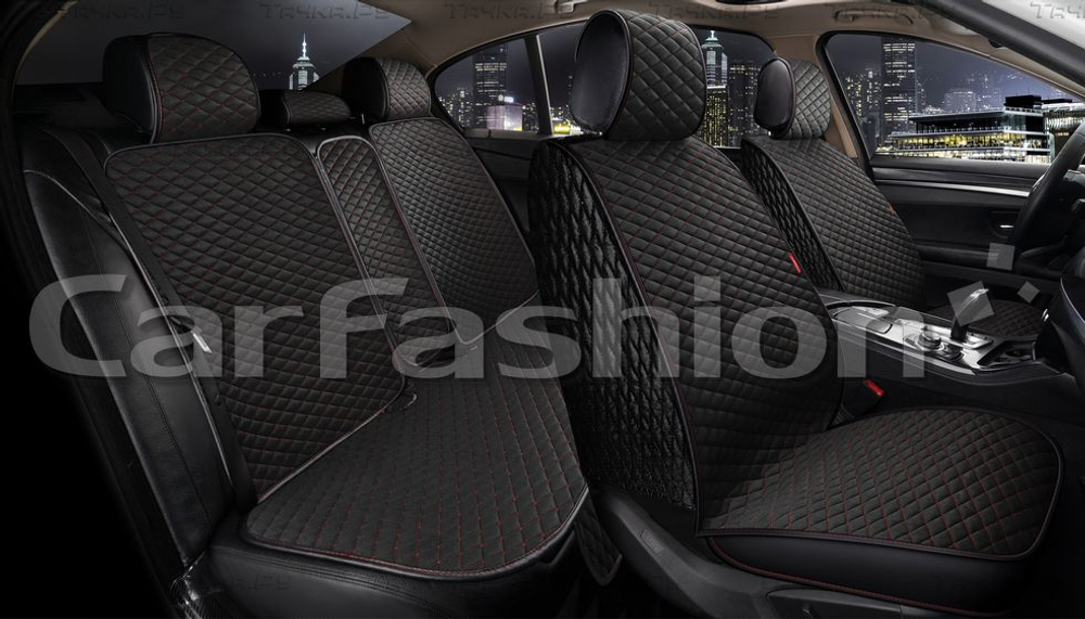 Накидки сидений ПОЛНЫЙ CarFashion (кт) -«ROMB PLUS» 22683 -Велюр черный/черный/красный