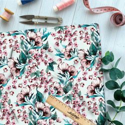 Ткань барби крупные цветы яблони на зелёном фоне