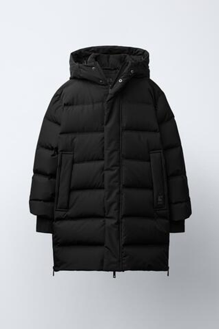 ZARA УДЛИНЕННЫЙ ПУХОВИК WATER REPELLENT С ПЕРОМ И ПУХОМ, ЧЕРНЫЙ