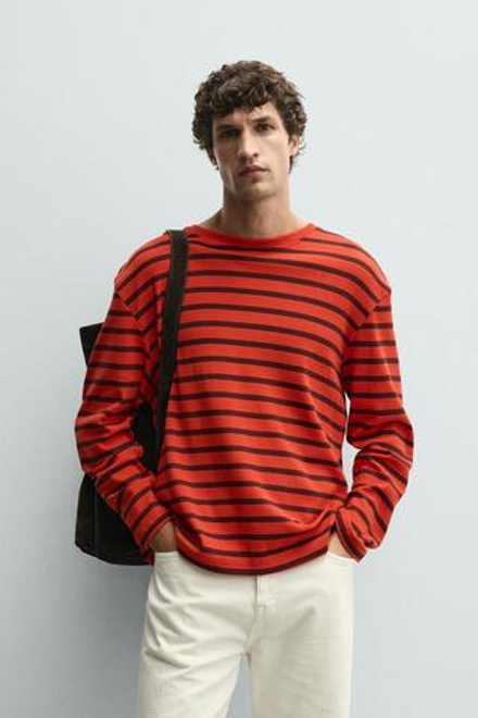 ZARA ФУТБОЛКА В ПОЛОСКУ С КОНТРАСТНЫМИ ДЕТАЛЯМИ, КРАСНЫЙ/ЧЕРНЫЙ