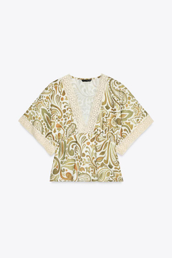 ZARA БЛУЗА ИЗ ТКАНИ С ПРИНТОМ С ДЕТАЛЯМИ ИЗ КРУЖЕВА КРОШЕ, РАЗНОЦВЕТНЫЙ