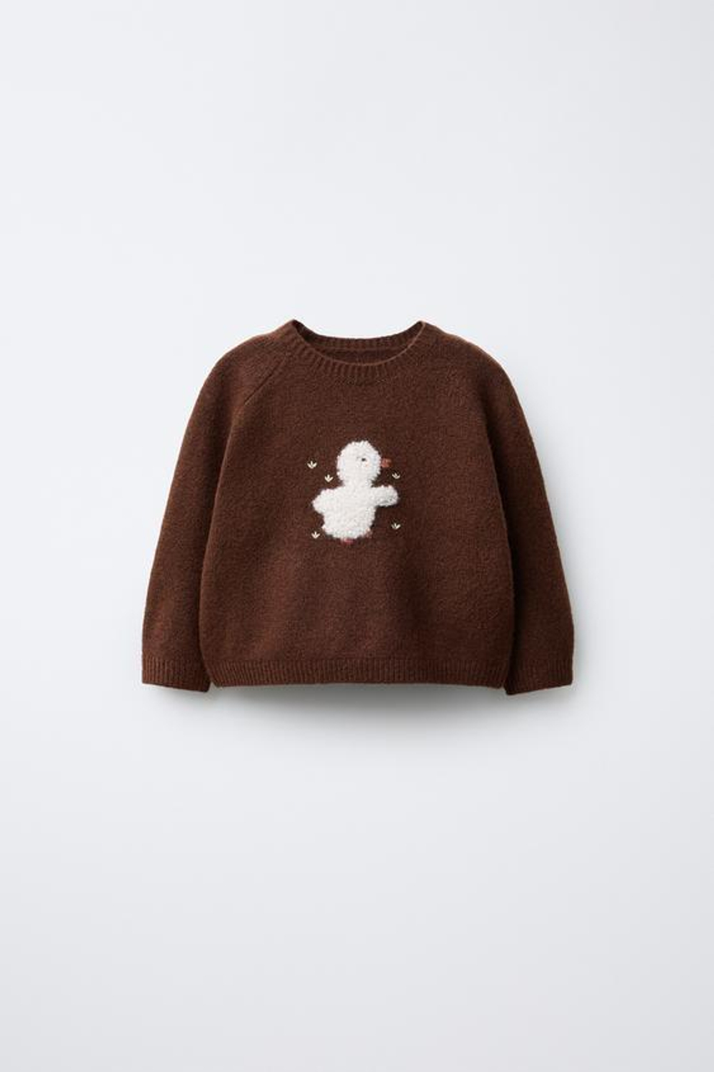ZARA ВЯЗАНЫЙ СВИТЕР С ВЫШИВКОЙ В ВИДЕ УТЕНКА, КОРИЧНЕВЫЙ