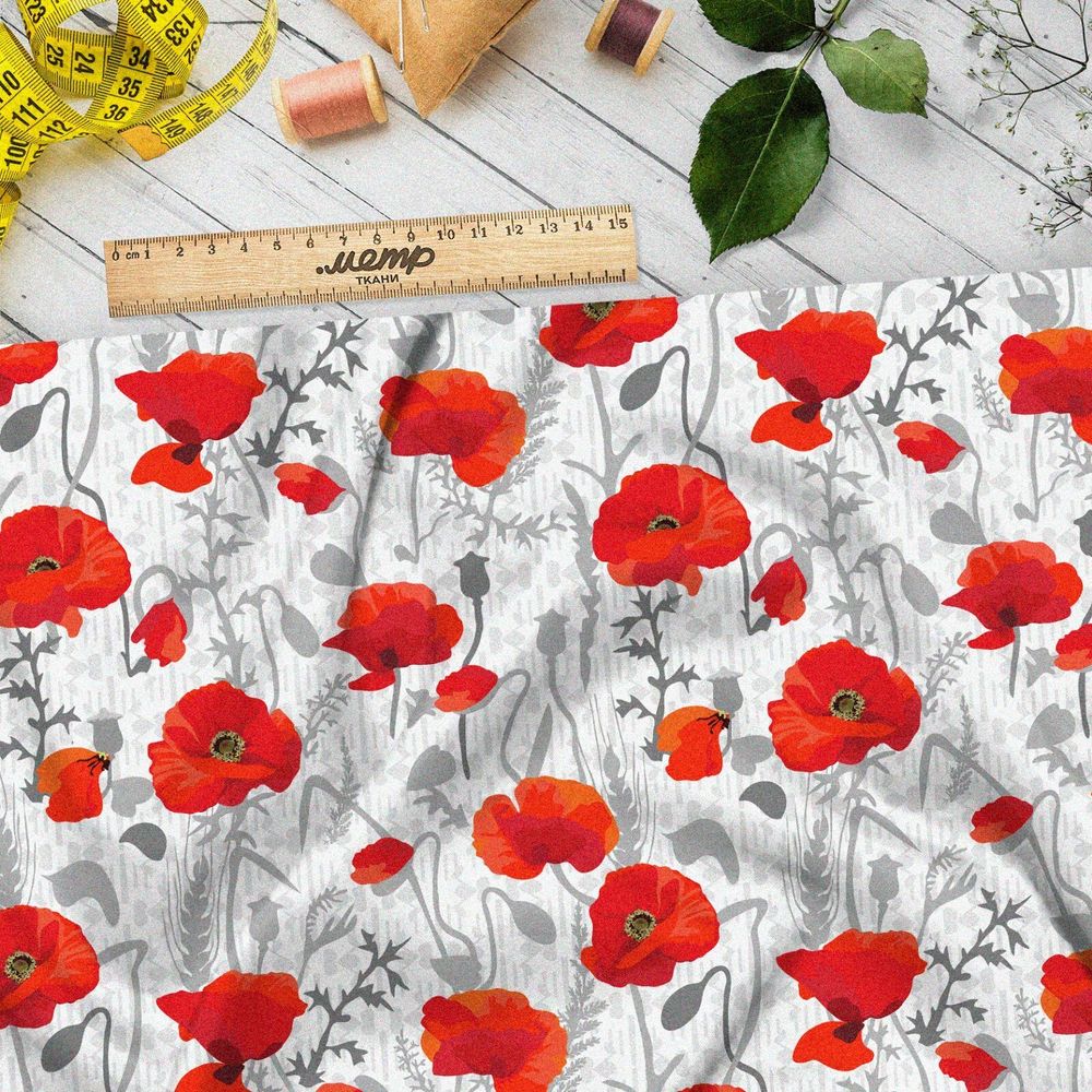 Ткань флис красные маки и серые стебли