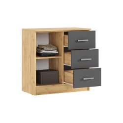 Комод с 3-мя ящиками и дверью Бася, Дуб Крафт, Графит