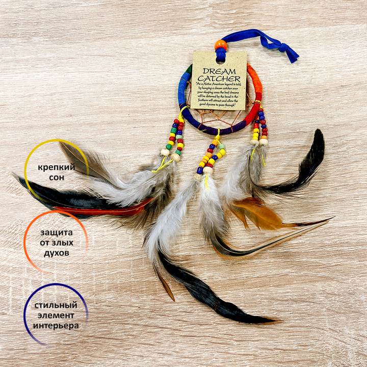 Ловец снов - оберег от плохой энергии, забирает волну сглаза и порчи на себя цвет радужный d-6,5см h-20см