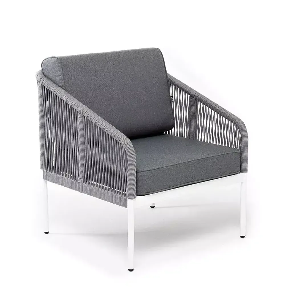 "Канны" кресло плетеное из роупа, каркас алюминий белый муар, роуп светло-серый круглый, ткань серая 017