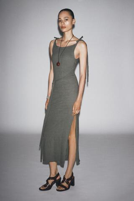 ZARA ПЛАТЬЕ С ПОЯСОМ И ЗАВЯЗКАМИ, ЗЕЛЕНЫЙ/СЕРЫЙ