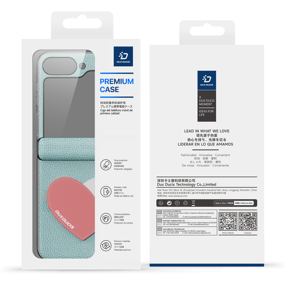Чехол синего цвета (Love Edition - Cyan Blue) из искусственной кожи от Dux Ducis для Samsung Flip 7 FE (W25 Flip) и Flip 6, серия Luvy Series Case
