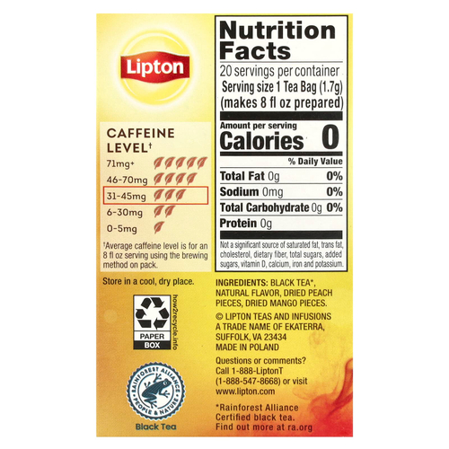Lipton, Черный чай с персиком и манго, 20 чайных пакетиков «пирамида», 34 г (1,2 унции)