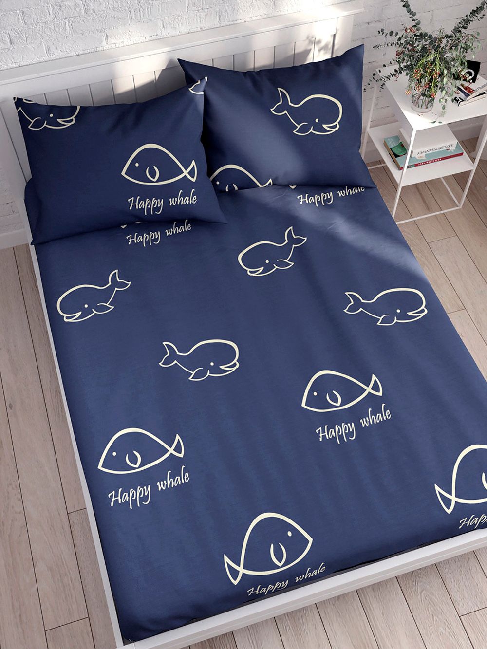 Постельное белье Сказка "Киты" семейное Наволочка 50х70 см 2 шт Простынь на резинке 160х200 см Пододеяльник 145х215 см(2шт) , перкаль