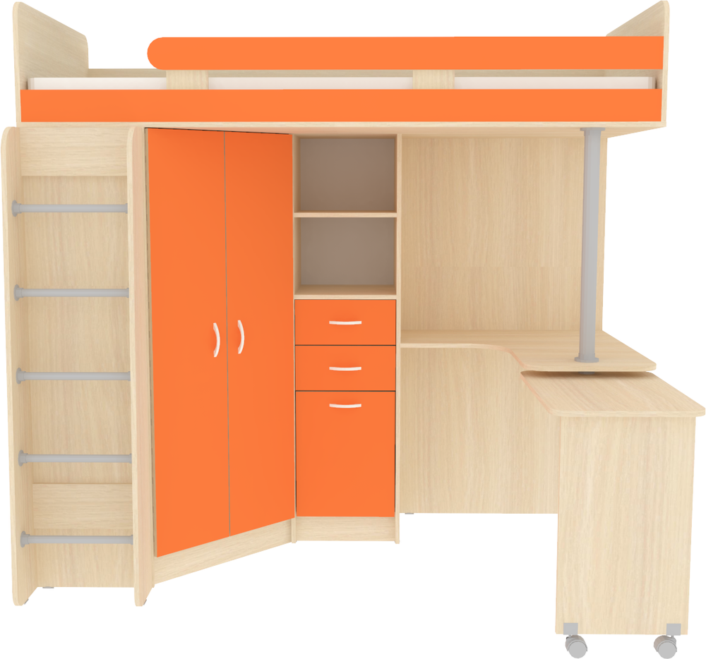Кровать-чердак КарИВи Юниор 3 с металлической лестницей  Дуб Молочный Оранжевый