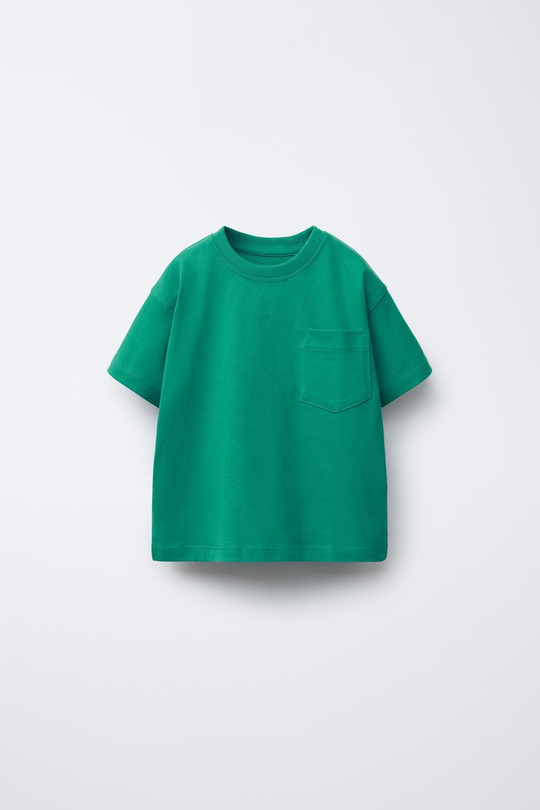 ZARA ОДНОТОННАЯ ФУТБОЛКА С КАРМАНОМ, ИЗУМРУДНЫЙ