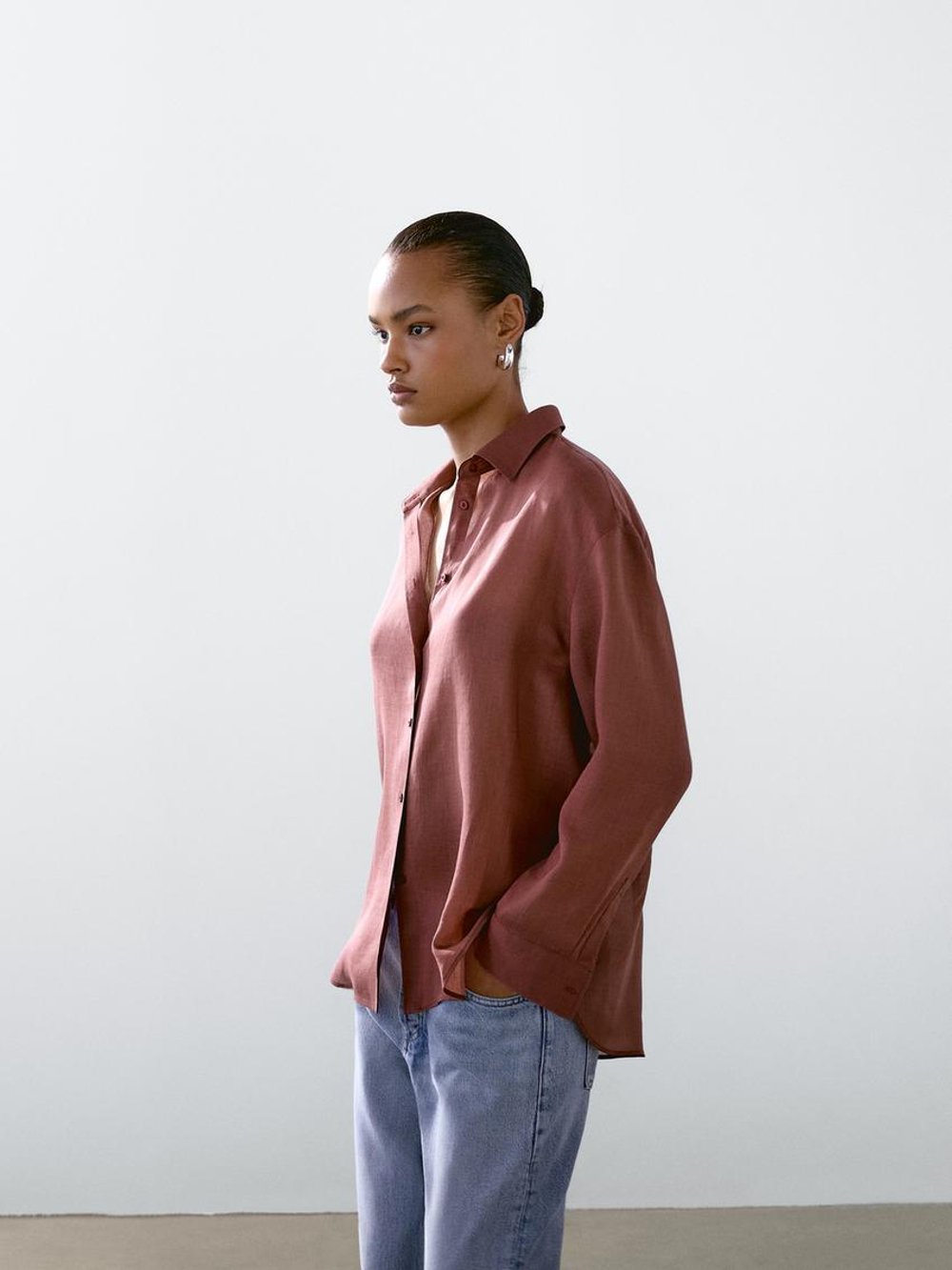 Massimo Dutti Рубашка свободного кроя из смесовой ткани рами, розовый