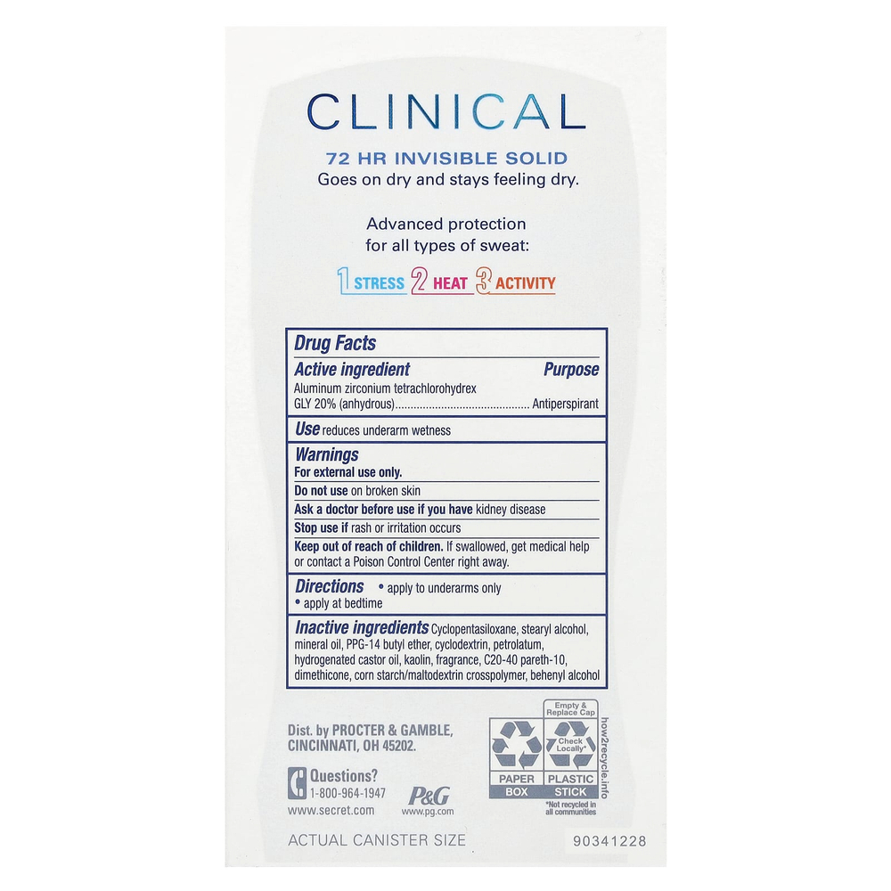 Secret, Clinical, невидимое твердое вещество, 72 часа, антиперспирант / дезодорант, реакция на стресс, 45 г (1,6 унции)