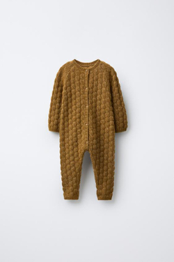 ZARA ДЛИННЫЙ ВЯЗАНЫЙ КОМБИНЕЗОН С КОСАМИ, ОХРА