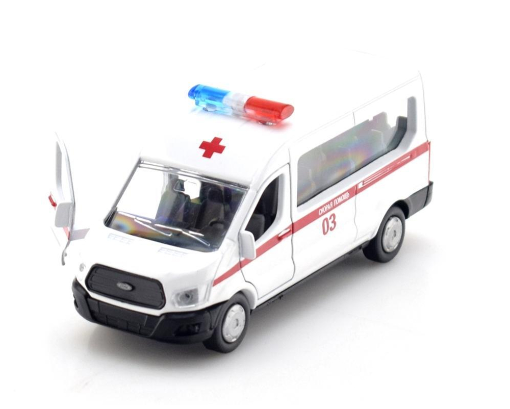 Модель ин. мет. "Ford Transit. Скорая помощь" 12см, открыв.двери, в коробка SB-18-18-A-W-WB (Технопарк)