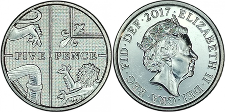 Великобритания 5 пенсов, 2015 - 2022 Королева Елизавета II - Щит XF