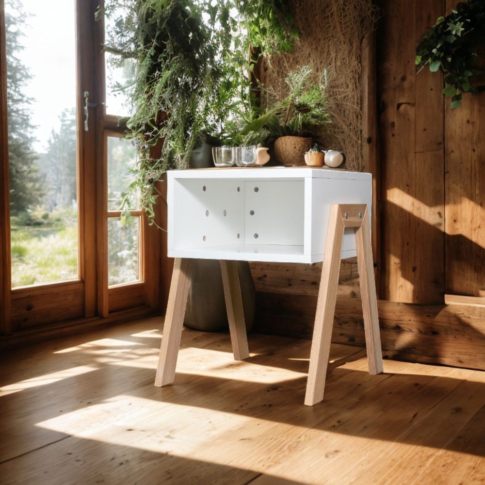 Тумба прикроватная 44х48х55, Мунк, в спальню и прихожую, с ножками из дуба, без ящика, белая, Dipriz