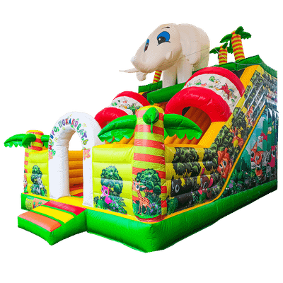 Детский надувной батут-горка "Слоник в джунглях" с прямым скатом 7*5*6 м