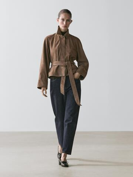 Massimo Dutti Замшевая куртка с ремнем, кротово-коричневый