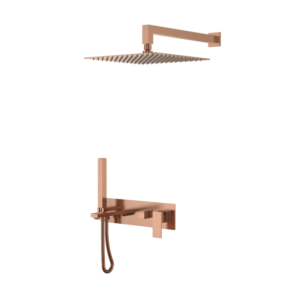 Смеситель встроенный + верхний+ ручной душ Qubic Brushed Bronze с изливом