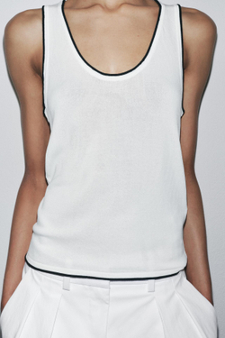 ZARA ТРИКОТАЖНЫЙ ТОП С ОКАНТОВКОЙ, БЕЛЫЙ/МОРСКОЙ СИНИЙ