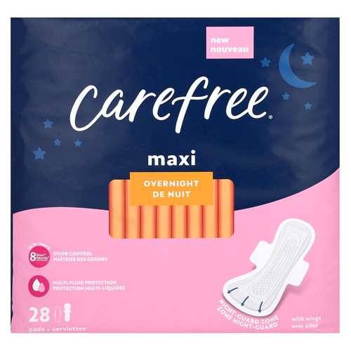 Carefree, Maxi, ночные прокладки, с крылышками, 28 штук