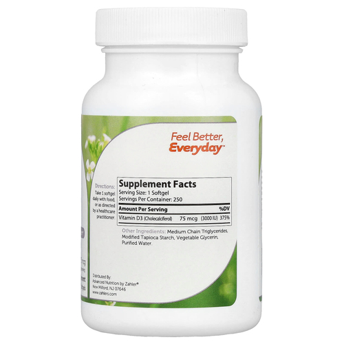 Zahler, витамин D3, улучшенная формула с витамином D3, 75 мкг (3000 МЕ), 250 мягких таблеток