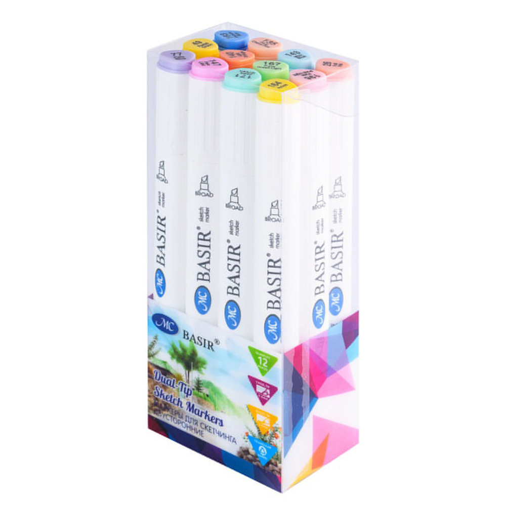 Маркер для скетчинга, двусторонние, Basir, серия "Пастельные тона", трёхгранные, 14 мм, спиртовые, 12 шт