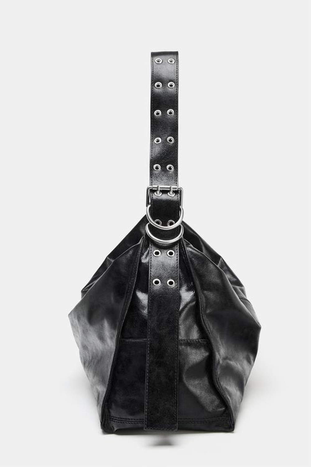 ZARA БОЛЬШАЯ СУМКА-МЕШОК С МЕТАЛЛИЧЕСКИМИ ЛЮВЕРСАМИ, ЧЕРНЫЙ