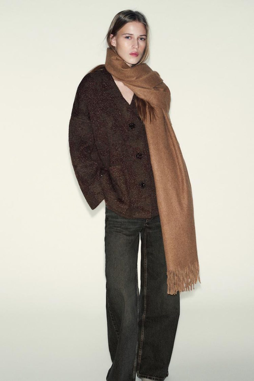 ZARA ЖАКЕТ ИЗ ТРИКОТАЖА С БЛЕСТЯЩЕЙ НИТЬЮ, КОРИЧНЕВЫЙ