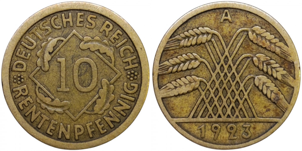 Германия 10 рентенпфеннигов, 1923 - 1925 Колосья XF