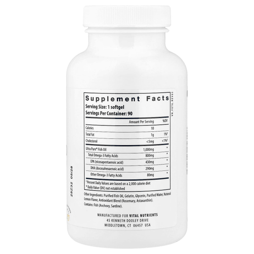 Vital Nutrients, Ultra Pure® Omega-3, рыбий жир 800, лимон, 90 мягких таблеток