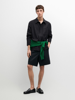 Massimo Dutti Хлопковые шорты-бермуды с декоративной отделкой на поясе, темно-синий