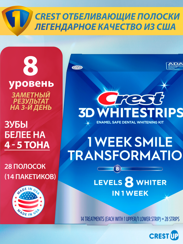 Отбеливающие полоски для зубов Crest 3D Whitestrips 1 Week Smile Transformation (Glamorous White), полный курс 14 дней