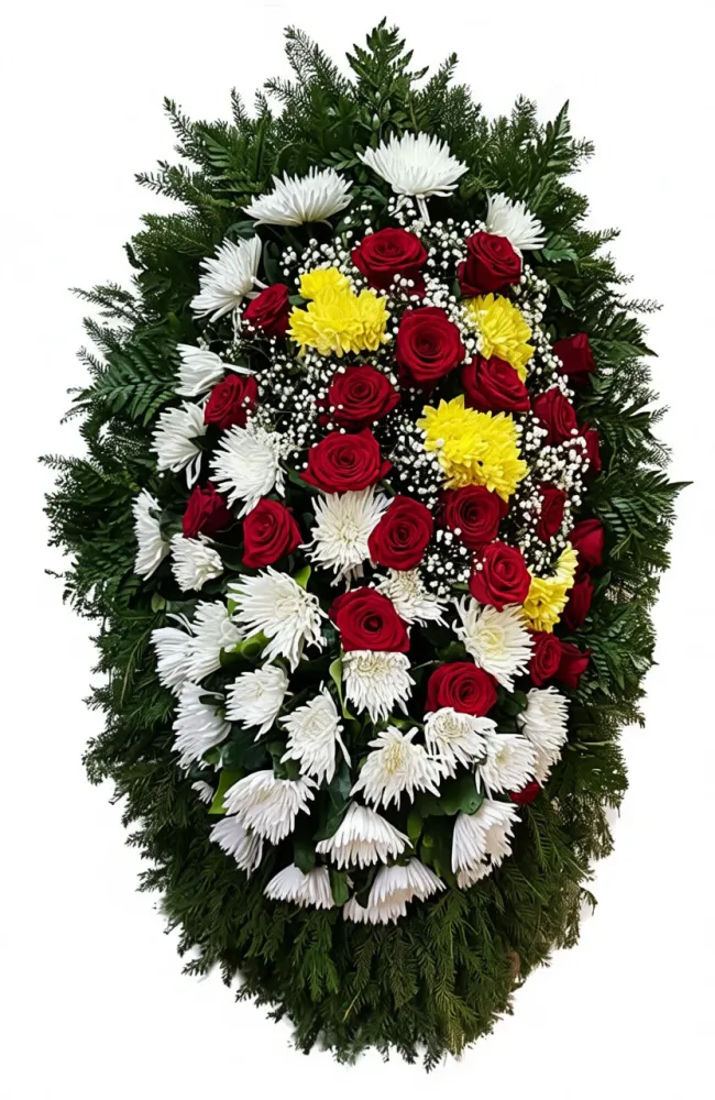 Венок из живых красных роз, желтых и белых хризантем с натуральной хвоей и пальмовыми листьями Венок из живых красных роз, желтых и белых хризантем с натуральной хвоей и пальмовыми листьями