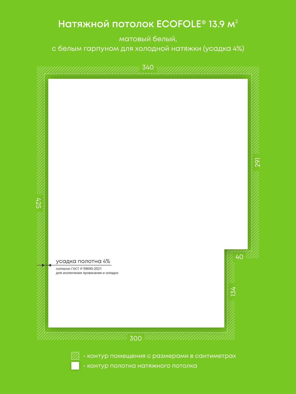 Матовый натяжной потолок 13.9 м2