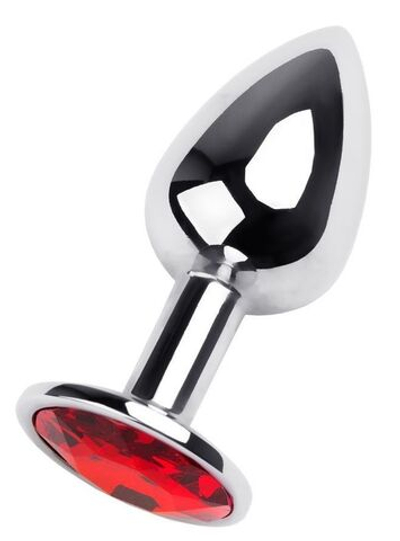 Маленькая коническая серебристая анальная пробка с красным кристаллом - 7 см. (Цвет: красный)