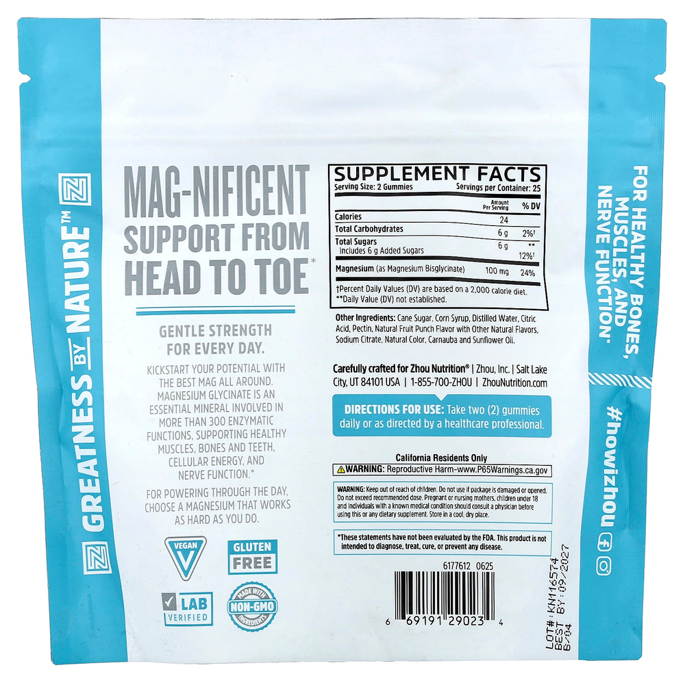 Zhou Nutrition, жевательный глицинат магния, со вкусом фруктового пунша, 50 жевательных таблеток (50 мг в 1 жевательной таблетке)