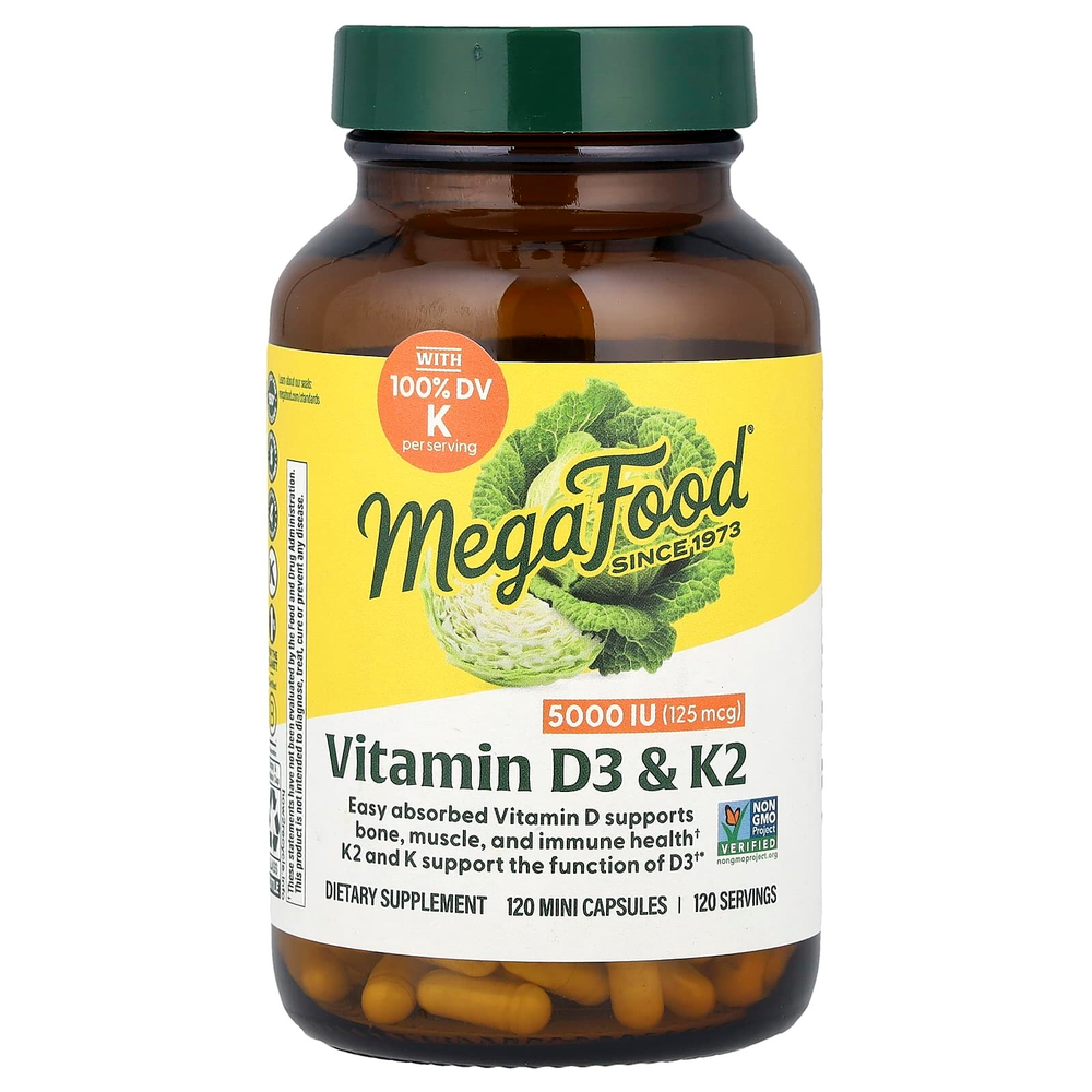 MegaFood, витамины D3 и K2, 120 миникапсул