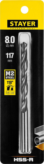 STAYER PROFI 8.0х117мм, Сверло по металлу HSS-R, быстрорежущая сталь М2(S6-5-2)