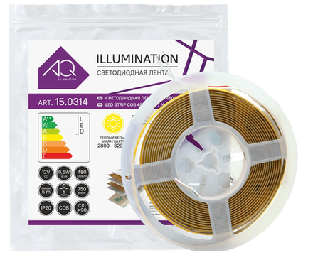 Лента светодиодная COB/КОБ, 480 LED, 12V, 9,6W/м, 5 мм, IP20, теплый белый, 5м, AQ/Айкью (15.0302)