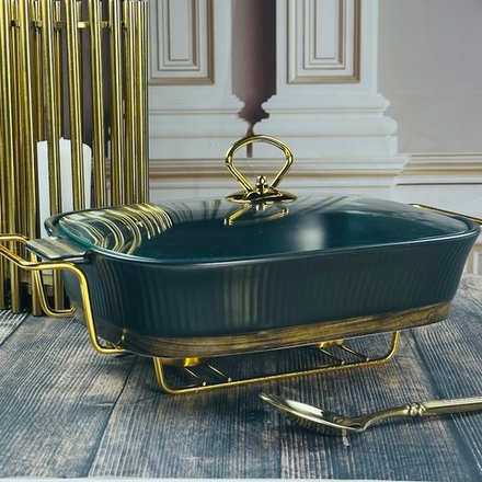 Lenardi 133-403 Прямоугольный сервировочный мармит 33см(2л) WOOD с крышкой на под-ке в под.уп.(х4)Фарфор