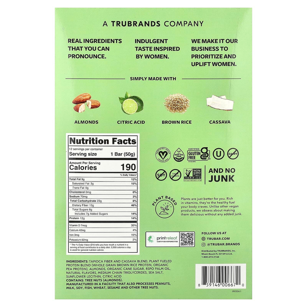 Trubar, протеиновый батончик на растительной основе, взбитый с лаймом, 12 батончиков по 50 г (1,76 унции)