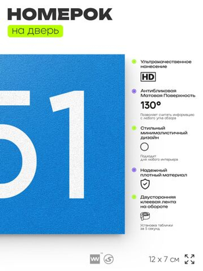 Номер на дверь 351, табличка на дверь для офиса, квартиры, кабинета, аудитории, склада, голубая 120х70 мм, Айдентика Технолоджи