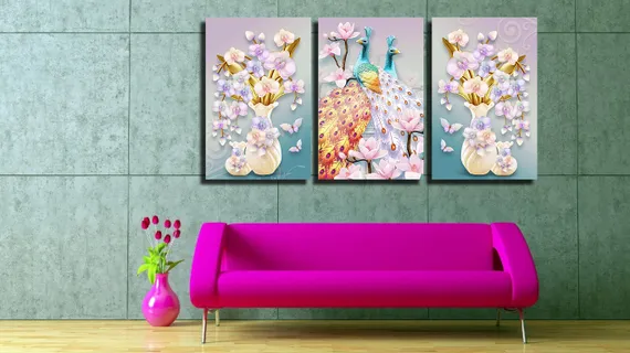 Модульная картина "Триптих с ярким павлином"