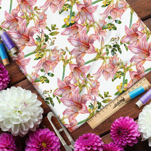 Ткань штапель розовые лилии и мелкие жёлтые цветы